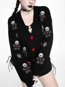 ROMWE Hippie Plus Size Women's Long Sleeve Skull Embroidered Knit Cardigan - Black - View 2