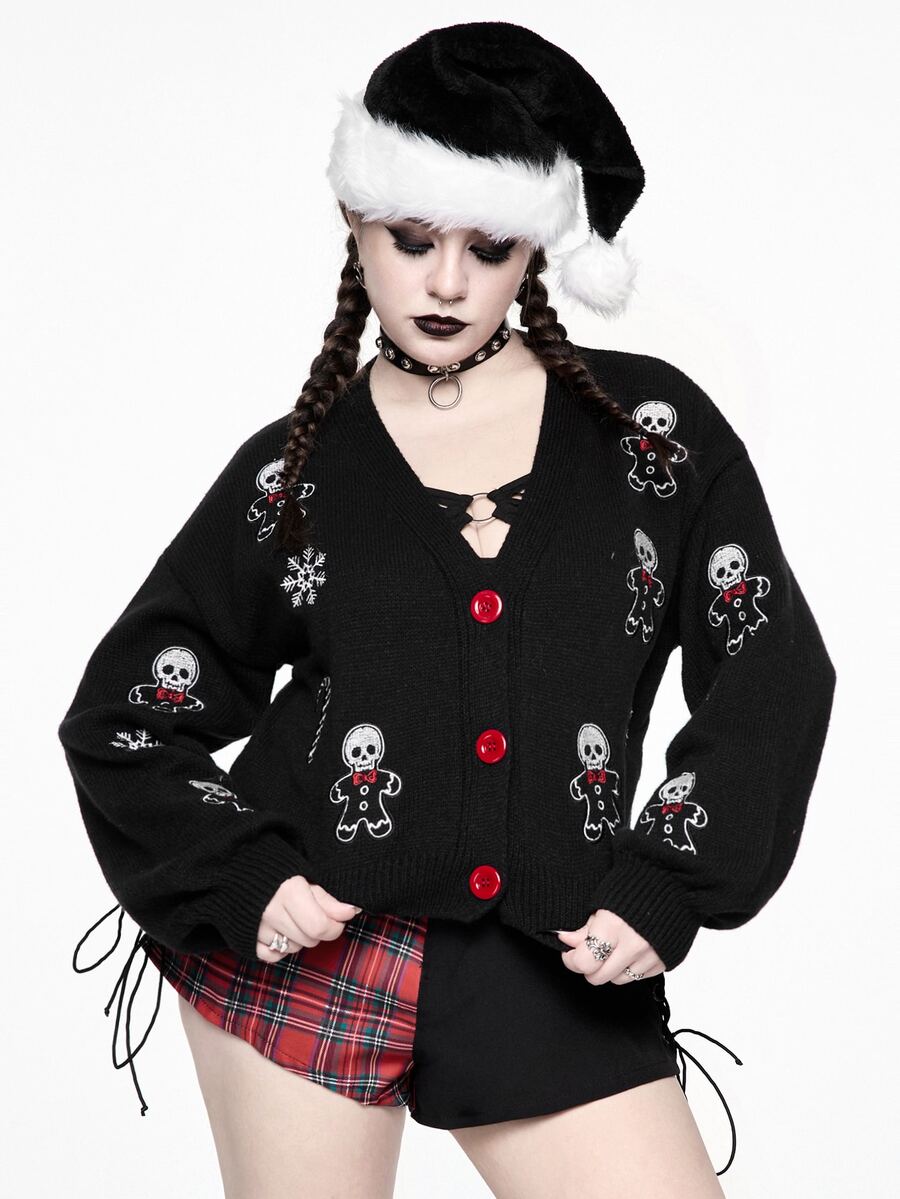ROMWE Hippie Plus Size Women's Long Sleeve Skull Embroidered Knit Cardigan - Black - View 1