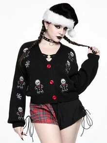 ROMWE Hippie Plus Size Women's Long Sleeve Skull Embroidered Knit Cardigan - Black - View 9
