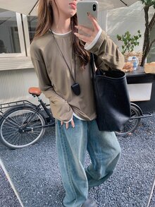 DAZY Women Contrast Color 2 In 1 Casual Loose Long Sleeve T-Shirt,Fall Clothes School Cute Tops - Apricot - View 5