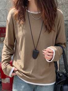 DAZY Women Contrast Color 2 In 1 Casual Loose Long Sleeve T-Shirt,Fall Clothes School Cute Tops - Apricot - View 8