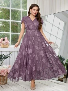 Reflora 大码女士优雅印花连衣裙，夏季婚礼宾客礼服 - 紫色 - 查看 5