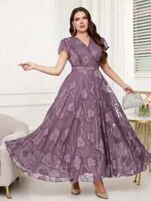 Reflora 大码女士优雅印花连衣裙，夏季婚礼宾客礼服 - 紫色 - 查看 1
