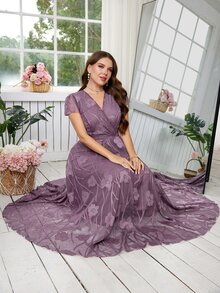 Reflora 大码女士优雅印花连衣裙，夏季婚礼宾客礼服 - 紫色 - 查看 4