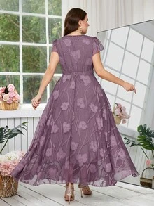 Reflora 大码女士优雅印花连衣裙，夏季婚礼宾客礼服 - 紫色 - 查看 6