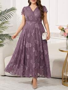 Reflora 大码女士优雅印花连衣裙，夏季婚礼宾客礼服 - 紫色 - 查看 8