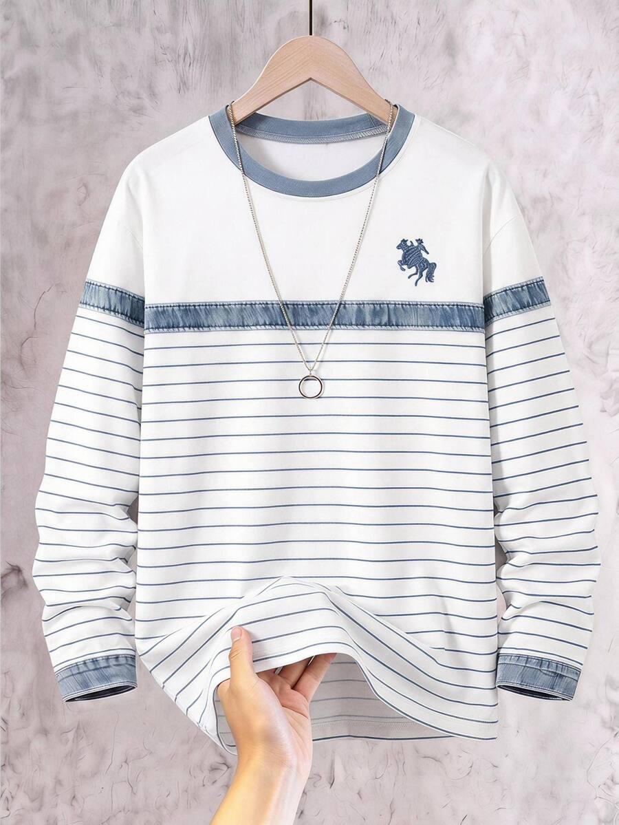 Vacaura Boys' Casual Contrast Color Round Neck Long Sleeve T-Shirt With Small Pocket Autumn Fall - Blue and White - View 1