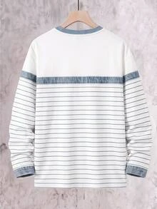 Vacaura Boys' Casual Contrast Color Round Neck Long Sleeve T-Shirt With Small Pocket Autumn Fall - Blue and White - View 2