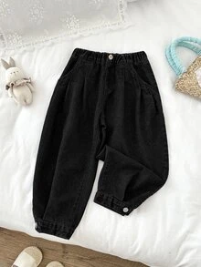 SHEIN Kids Young Girl Casual Tapered Loose Fit Denim Pants With Pockets - Black - View 3