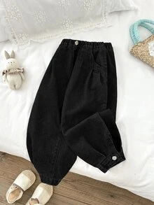 SHEIN Kids Young Girl Casual Tapered Loose Fit Denim Pants With Pockets - Black - View 5