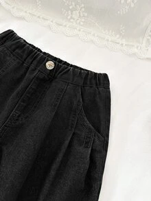 SHEIN Kids Young Girl Casual Tapered Loose Fit Denim Pants With Pockets - Black - View 4