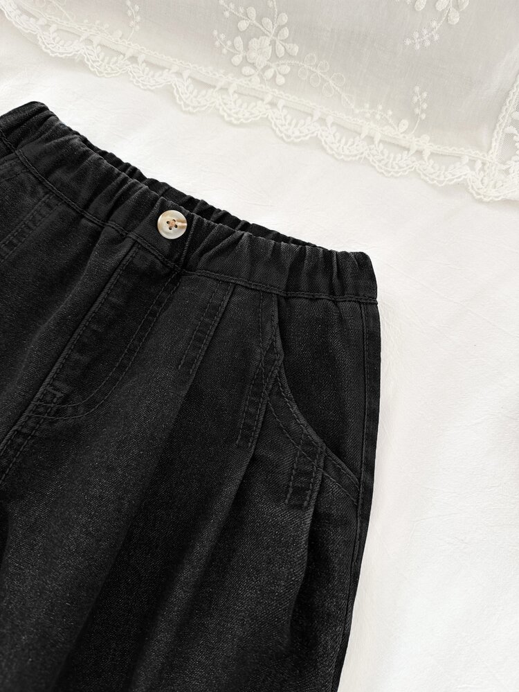SHEIN 女童女孩休閒錐形寬鬆牛仔褲，附口袋 - 黑色 - 查看 4