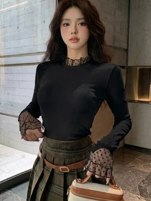 DAZY Women's Solid Color Frill Edge Collar T-Shirt,Fall Clothes Long Sleeve Women Tops - Black - View 2