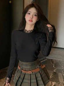 DAZY Women's Solid Color Frill Edge Collar T-Shirt,Fall Clothes Long Sleeve Women Tops - Black - View 3