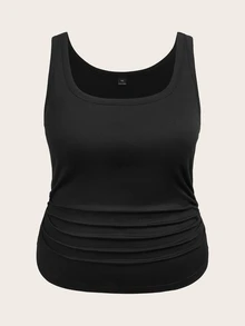Slaydiva Plus Size Women's Casual Basic U-Neck Narrow Ribbed Padded Camisole, White, Sleeveless, Ribbed Texture, Side Ruched Detail - Black - View 4