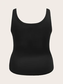 Slaydiva Plus Size Women's Casual Basic U-Neck Narrow Ribbed Padded Camisole, White, Sleeveless, Ribbed Texture, Side Ruched Detail - Black - View 5