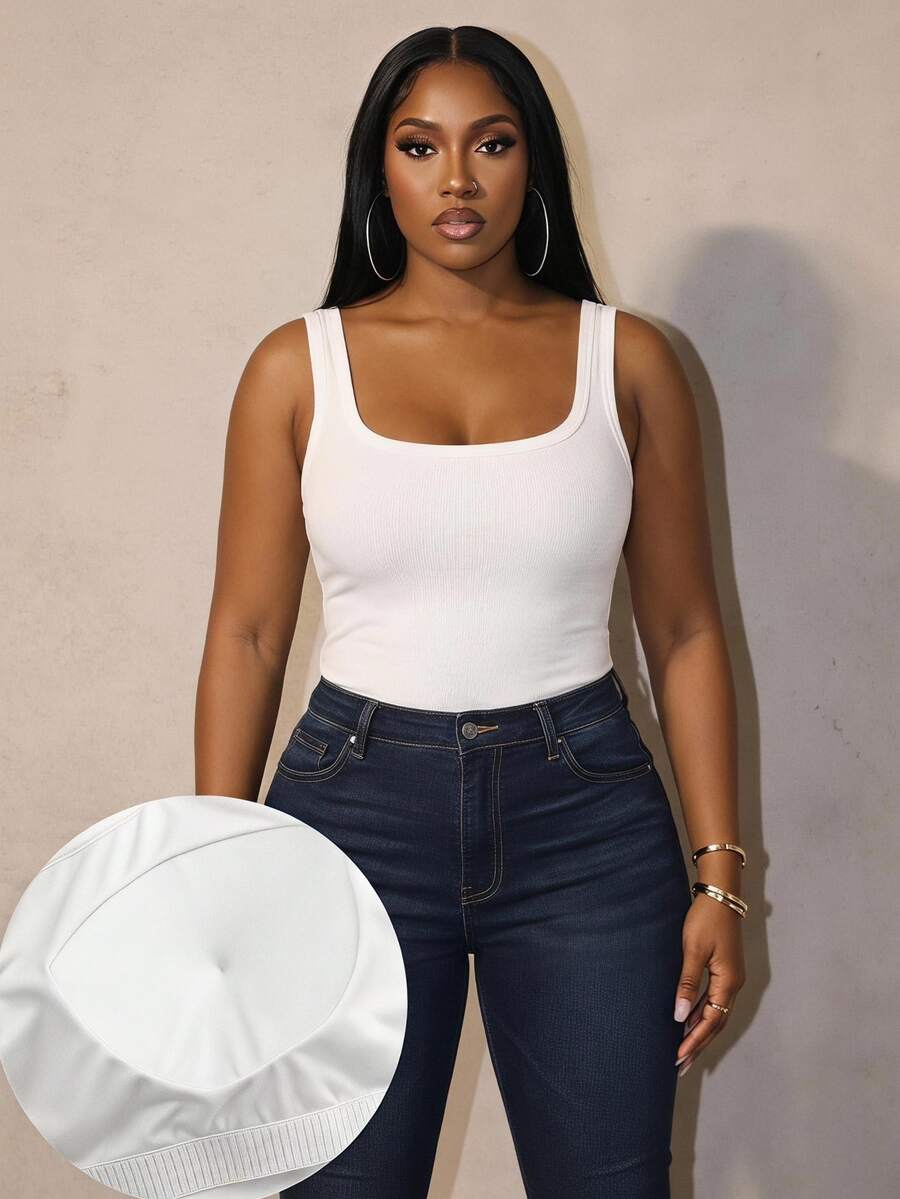 Slaydiva Casual Baggy Minimalist White Plus Size Padded Tank Top Summer Formal Vacation - White - View 1