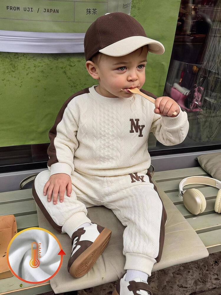 THE HAPPY LOOK 2pcs Kids Young Boy Casual Daily Comfortable Knit Crew Neck Pullover Colorblock Textured Long Sleeve Sweatshirt & Sweatpants Set - Apricot - View 1
