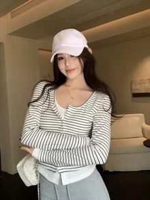 DAZY Women's 2 In 1 Striped Long Sleeve Korean Style Girl T-Shirt Fall - White - View 4