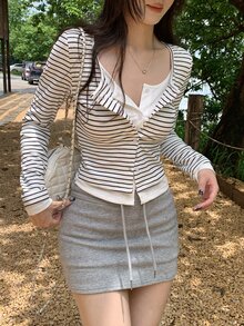 DAZY Women's 2 In 1 Striped Long Sleeve Korean Style Girl T-Shirt Fall - White - View 9