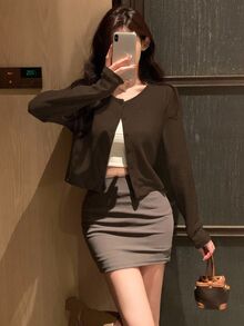 DAZY Women's Solid Color Round Neck Casual Front Button T-Shirt,Fall Clothes Preppy Tops Long Sleeve Women Tops - Coffee Brown - View 2