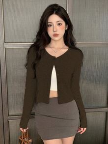 DAZY Women's Solid Color Round Neck Casual Front Button T-Shirt,Fall Clothes Preppy Tops Long Sleeve Women Tops - Coffee Brown - View 7
