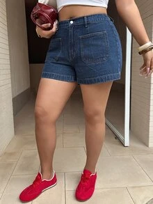 Dazy Plus Plus Size Women Dark Wash Denim Shorts With Large Pockets, Casual For Spring & Summer - Dark Wash - View 6