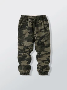 SHEIN Boys Casual Army Green Multicolor Camo Cargo Denim Jeans, Multi-Pocket Elastic Drawstring Cuffed Pants, Streetwear Everyday Versatile Long Pants - Army Green - View 2