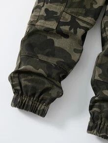 SHEIN Boys Casual Army Green Multicolor Camo Cargo Denim Jeans, Multi-Pocket Elastic Drawstring Cuffed Pants, Streetwear Everyday Versatile Long Pants - Army Green - View 5