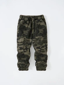 SHEIN Boys Casual Army Green Multicolor Camo Cargo Denim Jeans, Multi-Pocket Elastic Drawstring Cuffed Pants, Streetwear Everyday Versatile Long Pants - Army Green - View 3