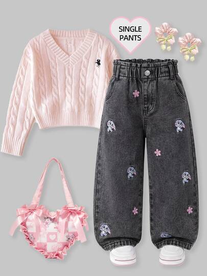SHEIN ChillGRL Young Girl Washed Blue Denim Jeans, Frill Trim Floral Bunny Embroidered Wide Leg Casual Cowboy Cowgirl Pants For Summer Autumn Fall
