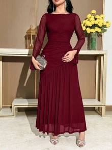 Feyla Women's Solid Color Round Neck Split Long Sleeve Asymmetric Dress Dinner Date Burgundy Autumn Elegant Wedding - Burgundy - View 5