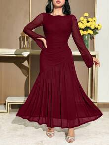 Feyla Women's Solid Color Round Neck Split Long Sleeve Asymmetric Dress Dinner Date Burgundy Autumn Elegant Wedding - Burgundy - View 7