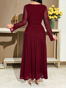 Feyla Women's Solid Color Round Neck Split Long Sleeve Asymmetric Dress Dinner Date Burgundy Autumn Elegant Wedding - Burgundy - View 2