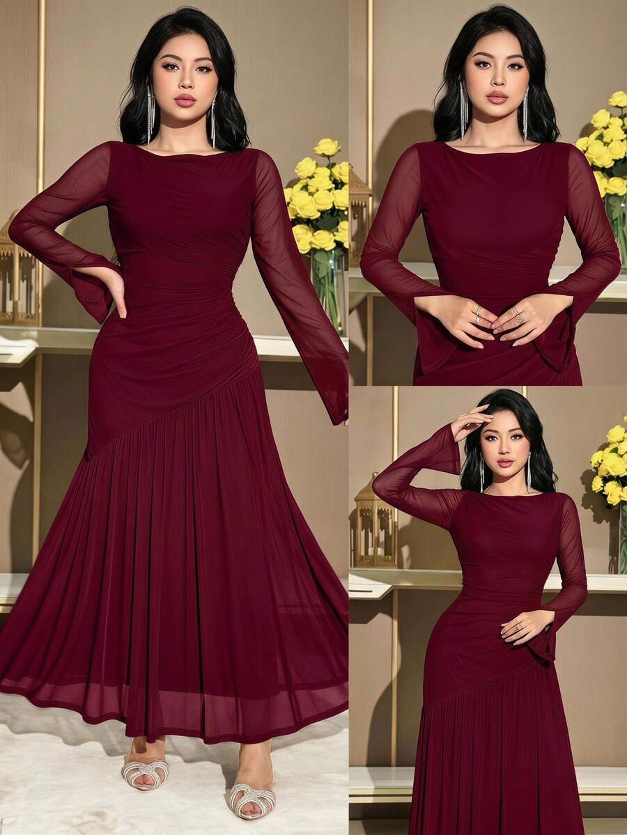 Feyla Women's Solid Color Round Neck Split Long Sleeve Asymmetric Dress Dinner Date Burgundy Autumn Elegant Wedding - Burgundy - View 1