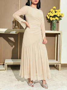 Feyla Women's Solid Color Round Neck Pleated Long Sleeve Elegant Modest Long Dress Dinner Party Dinner Dinner Date Beige Autumn - Apricot - View 3