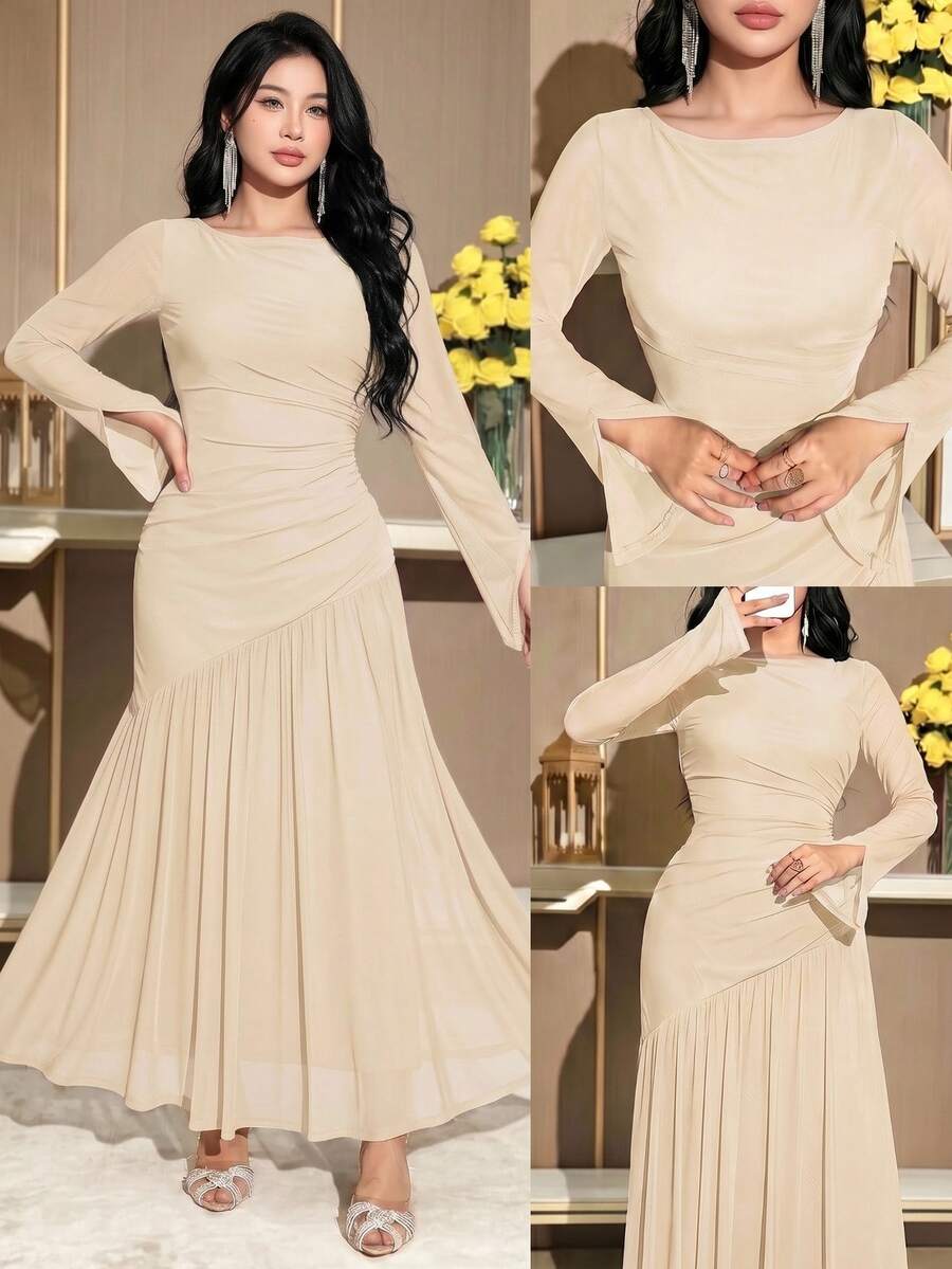 Feyla Women's Solid Color Round Neck Pleated Long Sleeve Elegant Modest Long Dress Dinner Party Dinner Dinner Date Beige Autumn - Apricot - View 1