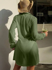 Swim SXY Solid Color Crossed Wrap Elegant Kimono Cover Up With Tie Front (Open Front) - Army Green - View 3