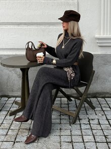 Livesso Bộ đồ len 2 món nữ màu trơn gồm áo dài tay và quần, màu xám đậm, phong cách mặc nhà thường ngày mùa thu - màu đen - Xem 4