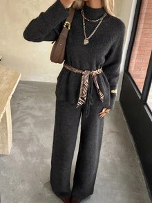 Livesso Bộ đồ len 2 món nữ màu trơn gồm áo dài tay và quần, màu xám đậm, phong cách mặc nhà thường ngày mùa thu - màu đen - Xem 3