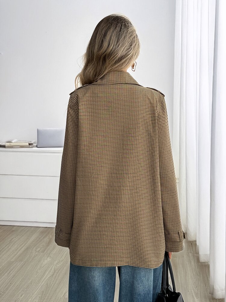 Easowa Women's Plaid Casual Elegant Versatile Daily Office Travel Trench Coat Jacket Dark Brown Autumn - Brown - View 5