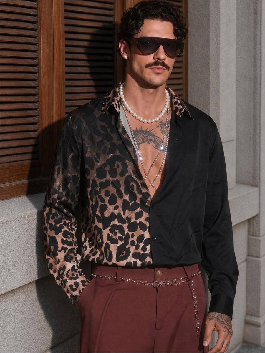 Mainfolk Men's Leopard Print Button Front Long Sleeve Casual Shirt, For Fall, Vacation, Father's Day Gifts - Multicolor - View 1