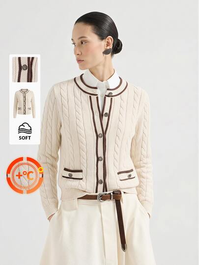 Briarwyn Fall And Winter Women's Contrast Color Long Sleeve Single-Breasted Casual French Elegant Knit Cardigan Teachers' Day Office Brown And White Polka Dot