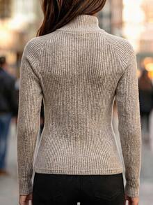 SHEIN Winter Chic Zip Up Turtleneck Ribbed Casual Women T-Shirt High Collar Long Sleeve Fitted Basic Tops Tees For Woman Daily Outwear - Apricot - View 3