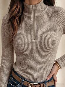 SHEIN Winter Chic Zip Up Turtleneck Ribbed Casual Women T-Shirt High Collar Long Sleeve Fitted Basic Tops Tees For Woman Daily Outwear - Apricot - View 8