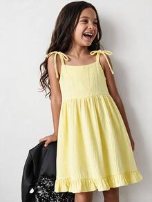 Maija Kids Maija Kids Gaun Anak Perempuan Tenun Warna Polos dengan Tali Ruffle, Anak Perempuan Muda - Kuning - View 2