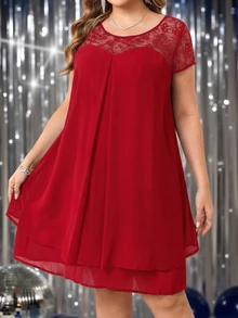 Reflora Plus Size Elegant Lace Patchwork Double-Layer Knee-Length Dress For Women, Summer - Red - View 7