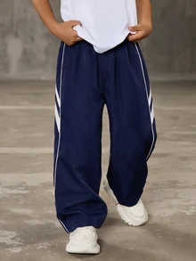 SHEIN Little Byeori 1件兒童青少年男孩直筒側條紋寬鬆運動長褲，適合秋冬休閒戶外運動與校園穿著 - 黑色 - 查看 3