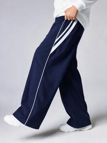 SHEIN Little Byeori 1件兒童青少年男孩直筒側條紋寬鬆運動長褲，適合秋冬休閒戶外運動與校園穿著 - 黑色 - 查看 4