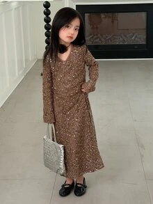DAZY Gaun Pesta Kasual Berpayet untuk Anak Perempuan Remaja - Khaki - View 4